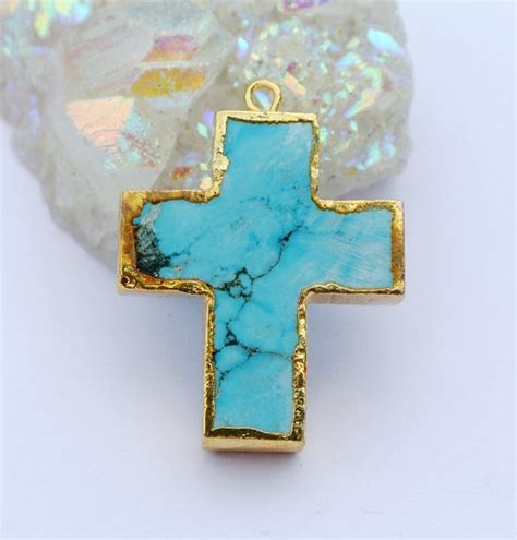 24K Gold Electroplated Edge Turquoise Cross Pendant 34x26mm Gold Edge