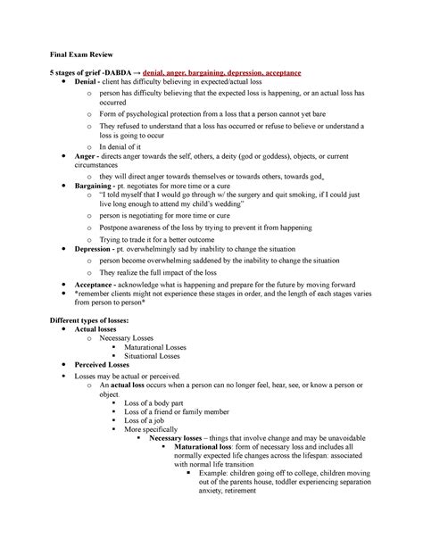 NR226 Final Exam Review Final Exam Review 5 Stages Of Grief DABDA