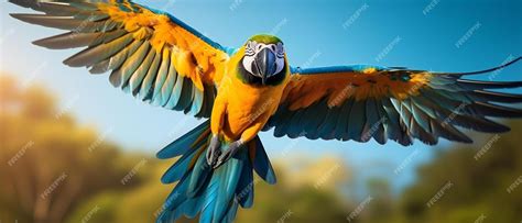 Premium Photo | Closeup blue and gold macaw flying