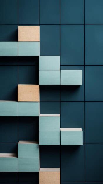 Premium Photo | A blue wall with wooden shelves on it