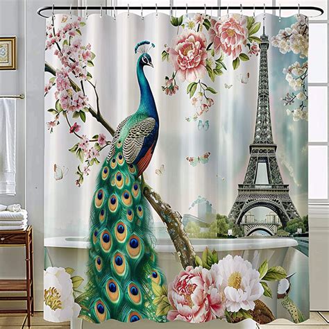 Enchanting Eiffel Tower Peacock Paradise Shower Curtain Vibrant