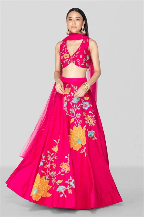 Buy Pink Art Silk Embroidered Floral Organza Applique And Lehenga Set