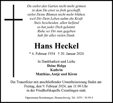 Traueranzeigen Von Hans Heckel Trauer38 De