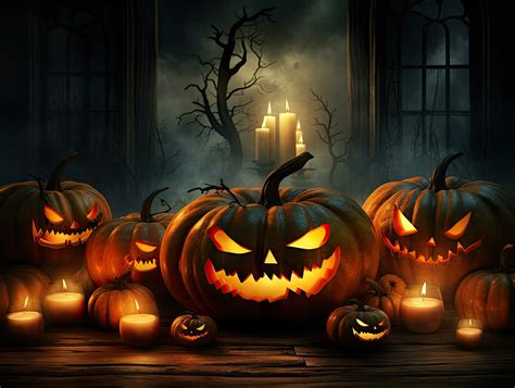 Halloween background with spooky Jack o Lanterns and candles 27220270 ...