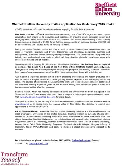 Sheffield Hallam University Invites Application For Its January 2015