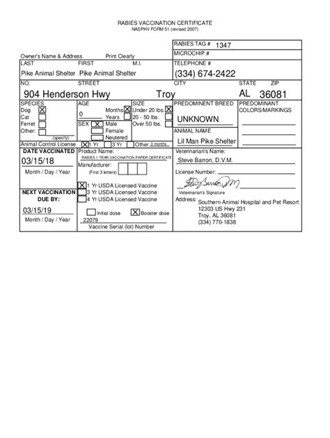 Fillable Online Rabies Vaccination Certificate Nasphv Form Revised