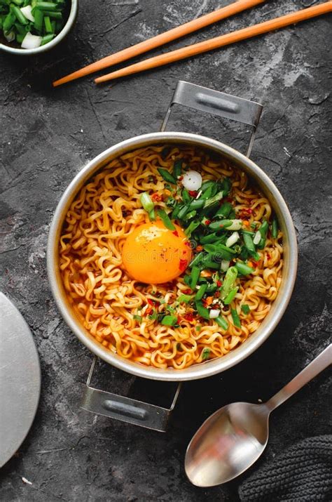 Korean Style Instant Noodles Shin Ramyeon Or Ramyun With Egg Scallion