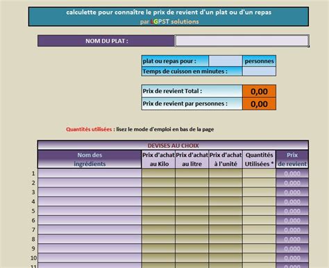 Lgpst Logiciel De Calcul Du Prix De Revient Dun Plat Ou Dun Repas