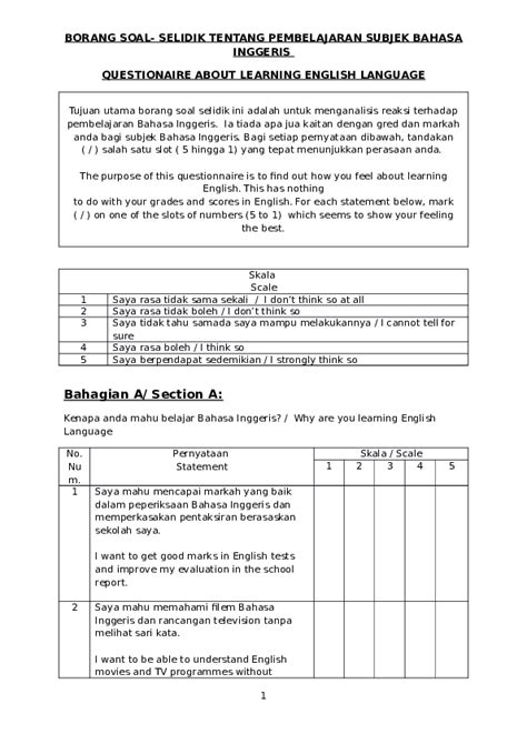 Borang Soal Selidik In English Contoh Borang Soal Selidik Poligami