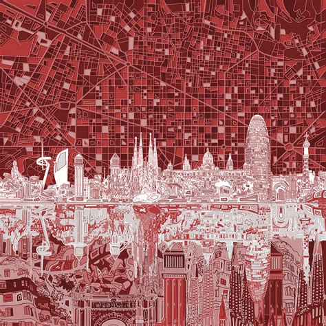 Barcelona Skyline Abstract Red Painting By Bekim M Fine Art America