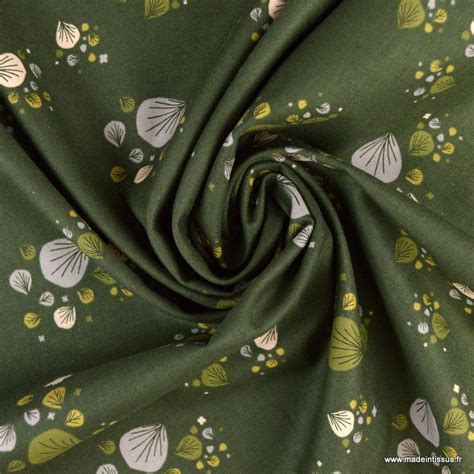 Tissu Cotton And Steel Collection Camp Creek Motifs Fleurs Fond Vert