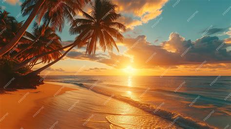 Premium Photo Sunset Over Paradise Tropical Island Beach Golden Hour Beautiful Sunset Soft Light