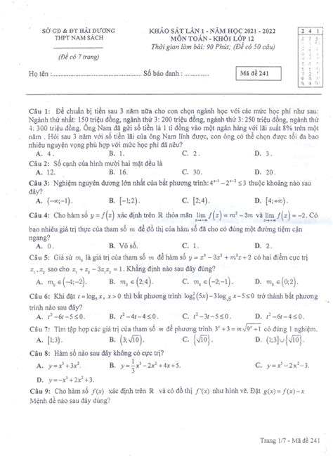 Đề khảo sát lần 1 Toán 12 năm 2021 2022 trường THPT Nam Sách Hải