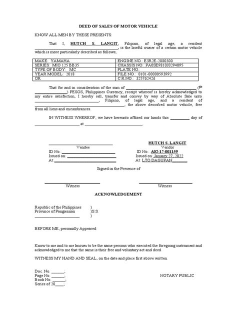 Deed Of Sales Of Motor Vehicle Blank Pdf Vehicles Natural Resources Law