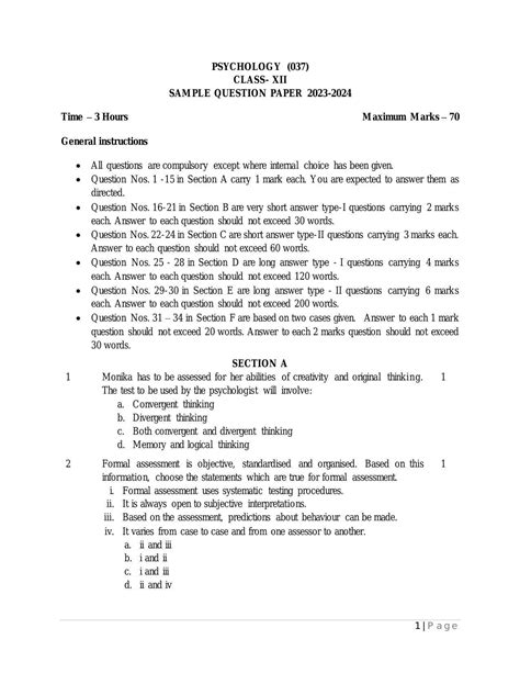 Cbse Class 12 Psychology Sample Paper 2024 Indcareer Schools