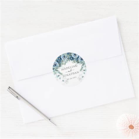 Elegant Dusty Blue Floral Square Border Wedding Classic Round Sticker