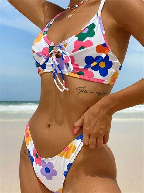 Emmiol Free Shipping Floral Print Underwire Bikini Set White M In