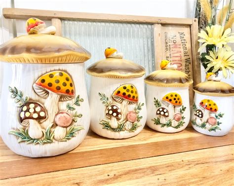 Vintage Retro Merry Mushroom Ceramic Canister Set Of Four 4 Sears