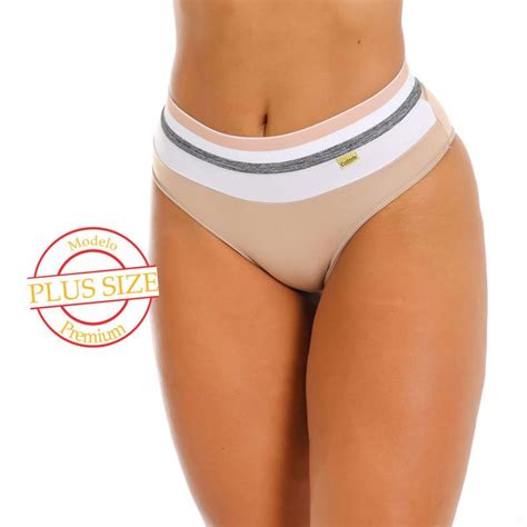 Kit Calcinha Plus Size Cintura Alta Tanga Cós Tricolor Forro Algodão Lingerie Confortável