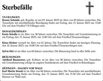 Traueranzeigen von Totentafel vom 10 01 2023 Schwarzwälder Bote Trauer