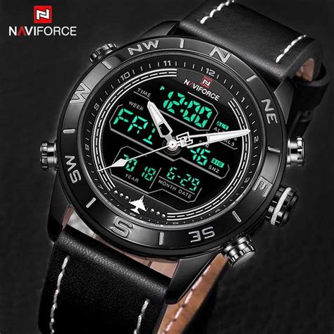 Luxury Brand Men Naviforce Black Watch Led Digital Leather Sports