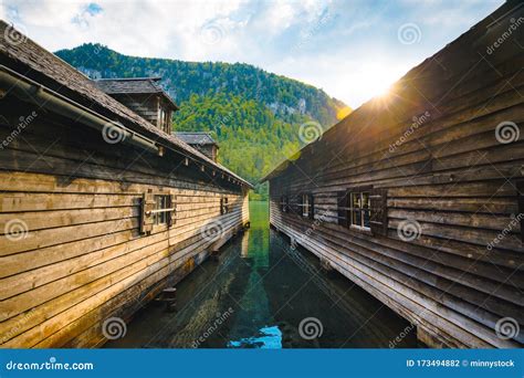 Wooden Boathouses at Lake KÃnigssee at Sunset Bavaria Germany Stock