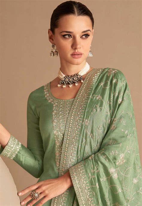 Buy Embroidered Art Silk Pakistani Suit In Dusty Green Online