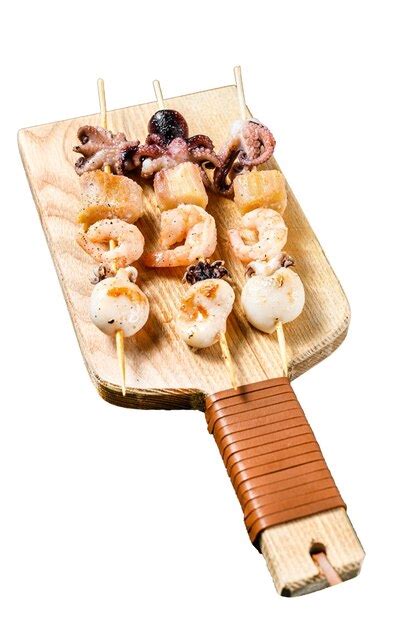 Des Brochettes En Bois Avec Des Fruits De Mer Grill S Des Crevettes