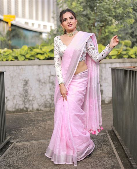 Baby Pink Plain Linen Saree With Silver Border Loomfolks