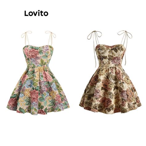 Lovito Casual Ditsy Floral Jacquard Lace Up Structure Line Dress For