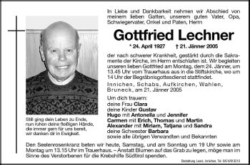 Traueranzeigen Von Gottfried Lechner Trauer Bz