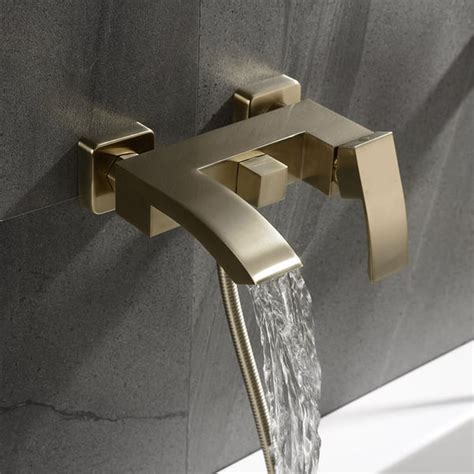 Ridge Wall Mount Waterfall Bathtub Faucet Tub Filler With Hand Shower In Brushed Gold Homary