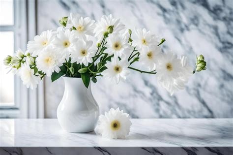 Premium AI Image | White vases with flowers on a marble counter with a marble background.