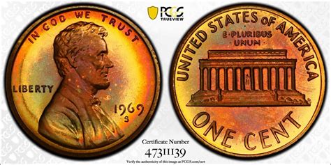 PR67RB 1969 S 1C Lincoln Memorial Proof Cent PCGS Trueview Pretty