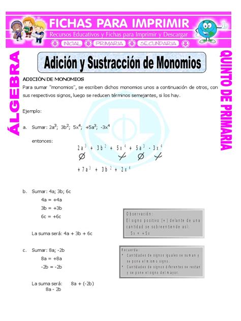 Adicion Y Sustraccion De Monomios Para Quinto De Primariadoc