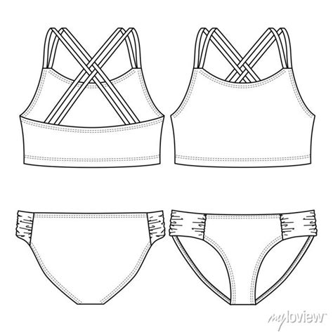 Girls Swimwear Bikini Fashion Flat Sketch Template Technical Wall Stickers Woman Wear