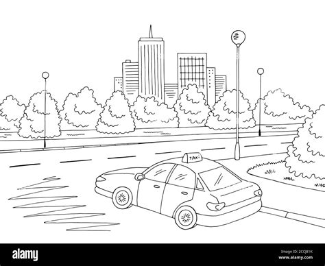 Street Road Graphic Black White City Landscape Sketch Illustration