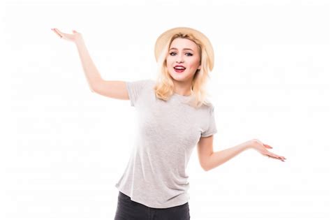 Free Photo Beautiful Blonde Woman Showing Something On The Palms Of Her Hands