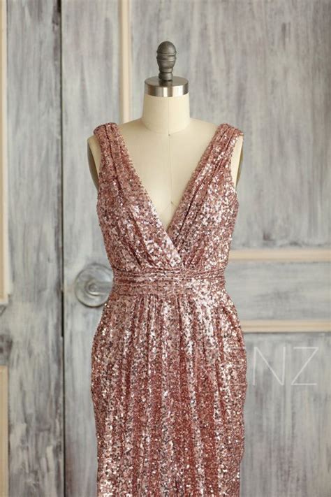 Bridesmaid Dress Rose Gold Sequin Dress Wedding Dress Metallic Sparkle Evening Dress Luxury V