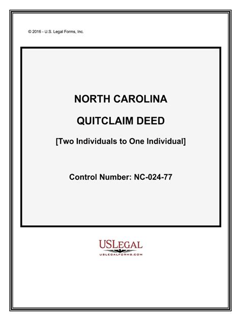 Fillable Online North Carolina Quitclaim Deed Two Individuals To One