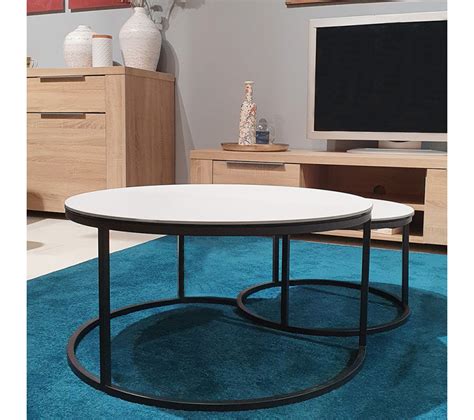 Table Basse Gigogne Ronde En Céramique Blanc Et Piètement Métal Oxy