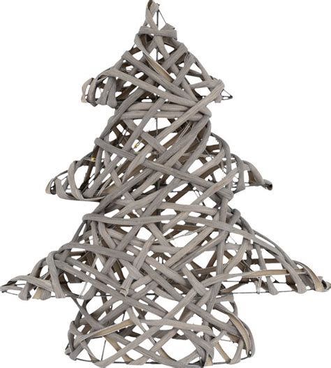 Deco Kerstboom Met 15 Warm Witte LED S 28x30 Cm Grijs Gemaakt Van Rotan