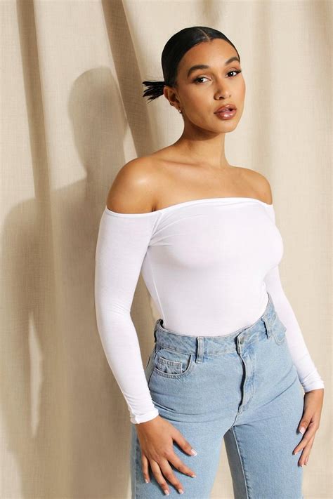 White Basic Off The Shoulder Bodysuit Boohoo Uk