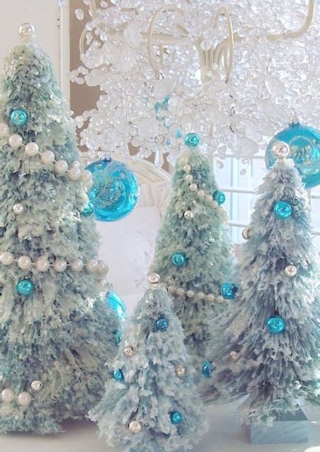 Snow Covered Aqua Blue Bottle Brush Christmas Tree Pearl Garland