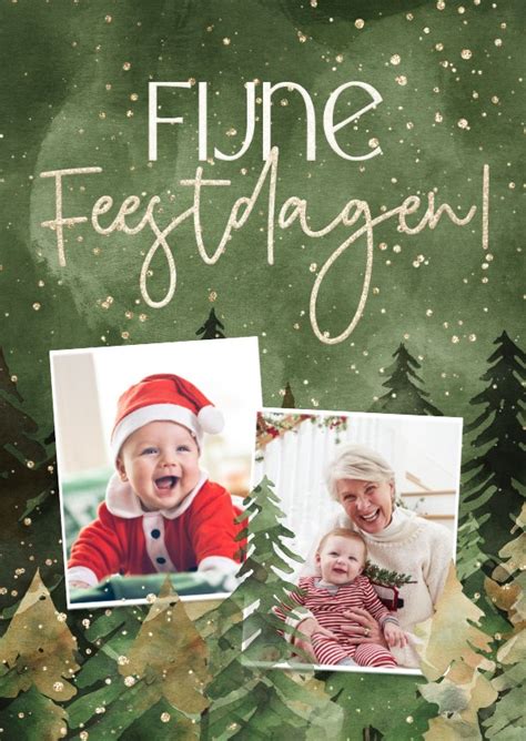 Fotokaart Fijne Feestdagen Kerstbomen Goud Kaartje Go