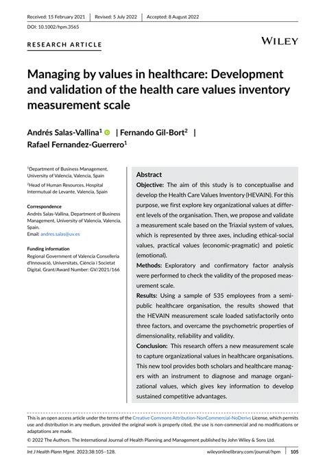 Pdf Managing By Values In Healthcare Development And Validation Of