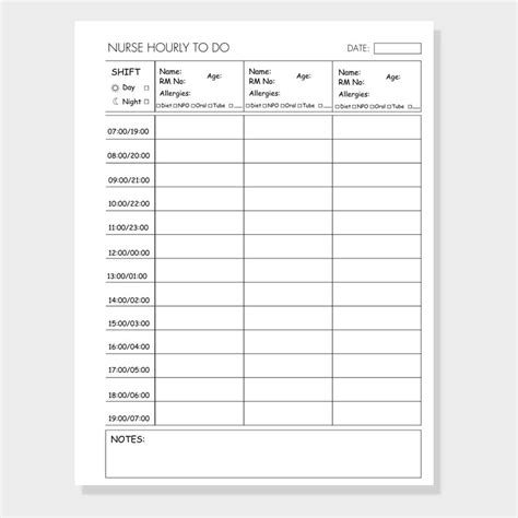 Nurse Hourly To Do Printable Nurse Shift Planner Patient Medsurg