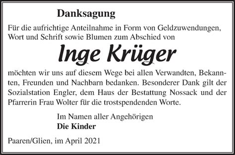 Traueranzeigen Von Inge Kr Ger M Rkische Onlinezeitung Trauerportal