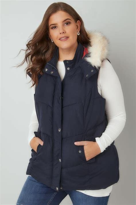 Navy Padded Gilet With Faux Fur Hood And Checked Lining Plus Size 16 To 36