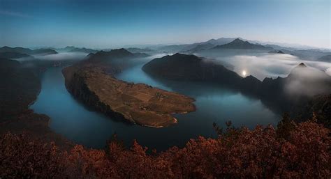 Autumn Forest Water Trees Mountains Nature Fog River The